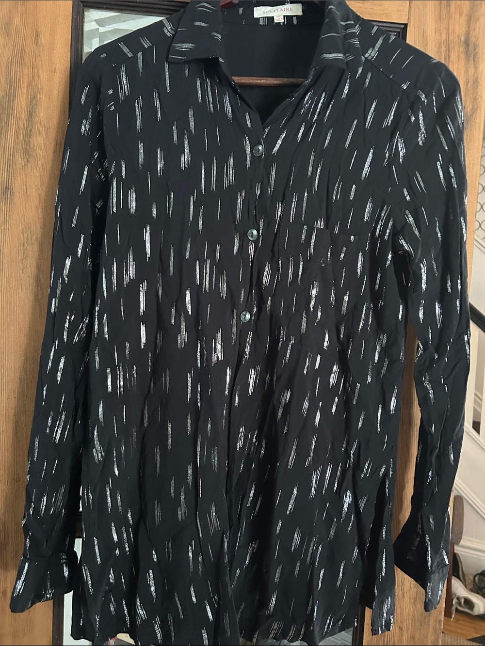 Solitaire Black Long Sleeve Button-Up Blouse with Silver Brushstroke Print